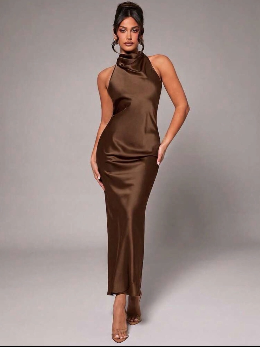 Satin Halter Neck Slip Dress in Chocolate Brown